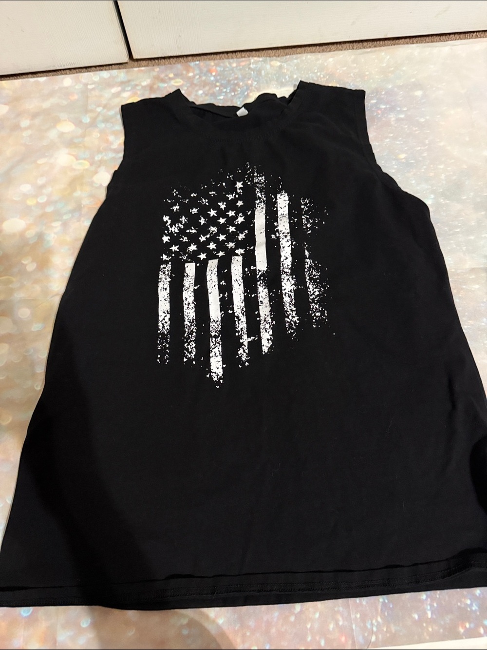 Sleeveless Black Tank with Distressed White Flag Print size large